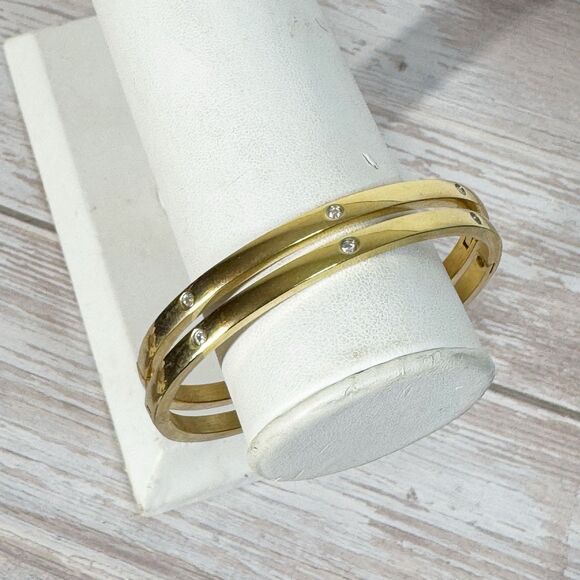 2 Gold Tone Bangle Bracelets With Rhinestone Details Stainless Steel Hinged - Picture 8 of 13